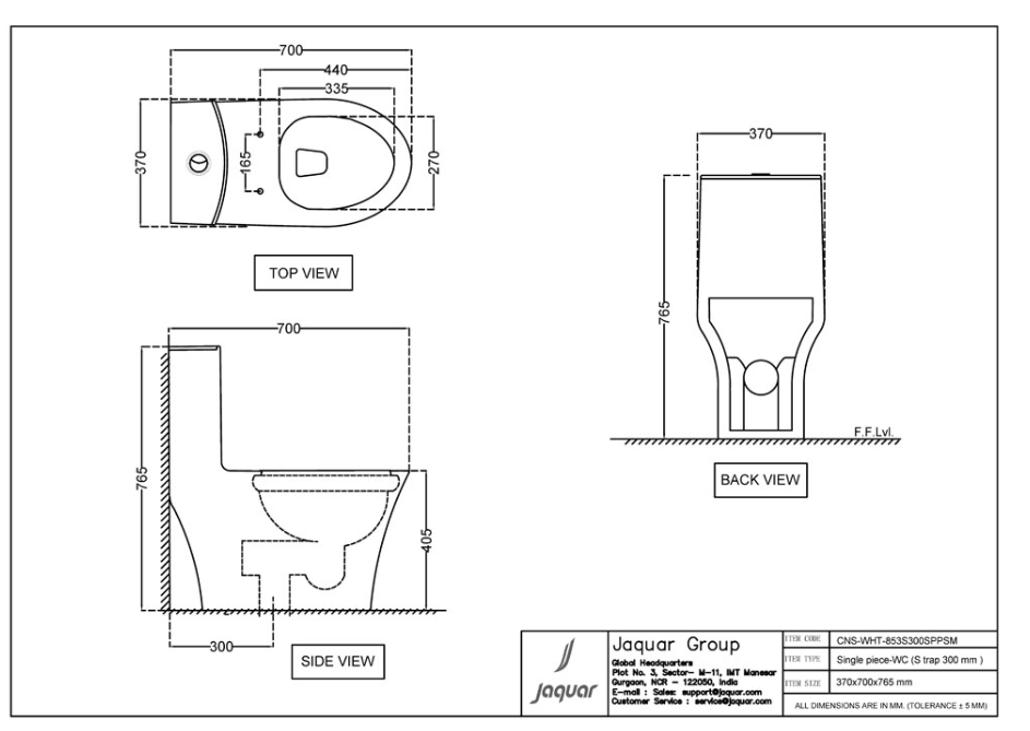 Jaquar Continental Single Piece WC S-Trap 300mm (CNS-WHT-853S300SPPSM)